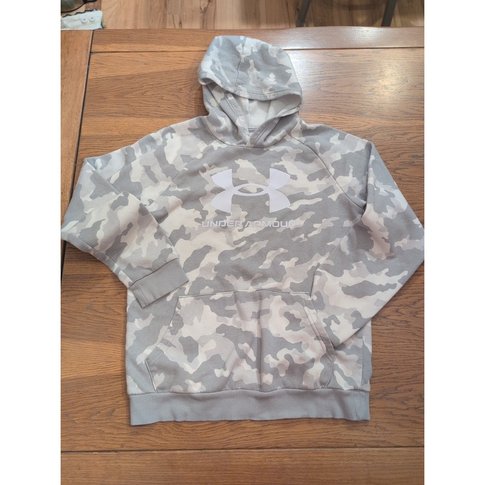 Under Armour Youth XL Hoodie – Gray Camo with White Logo, Loose Fit Coldgear